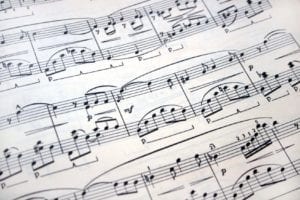 A close up of sheet music with musical notes